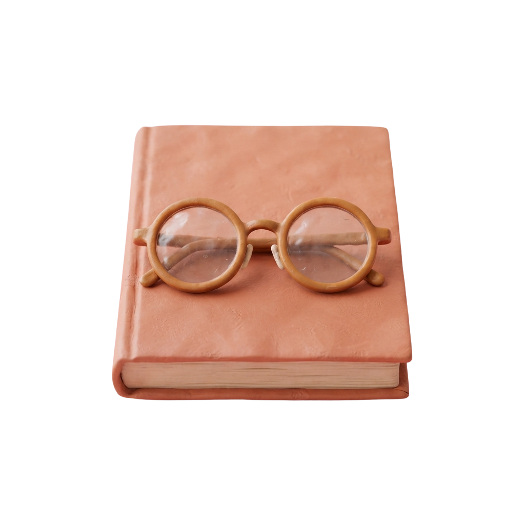 A pair of round, vintage-style glasses resting on top of a closed book sculpture.