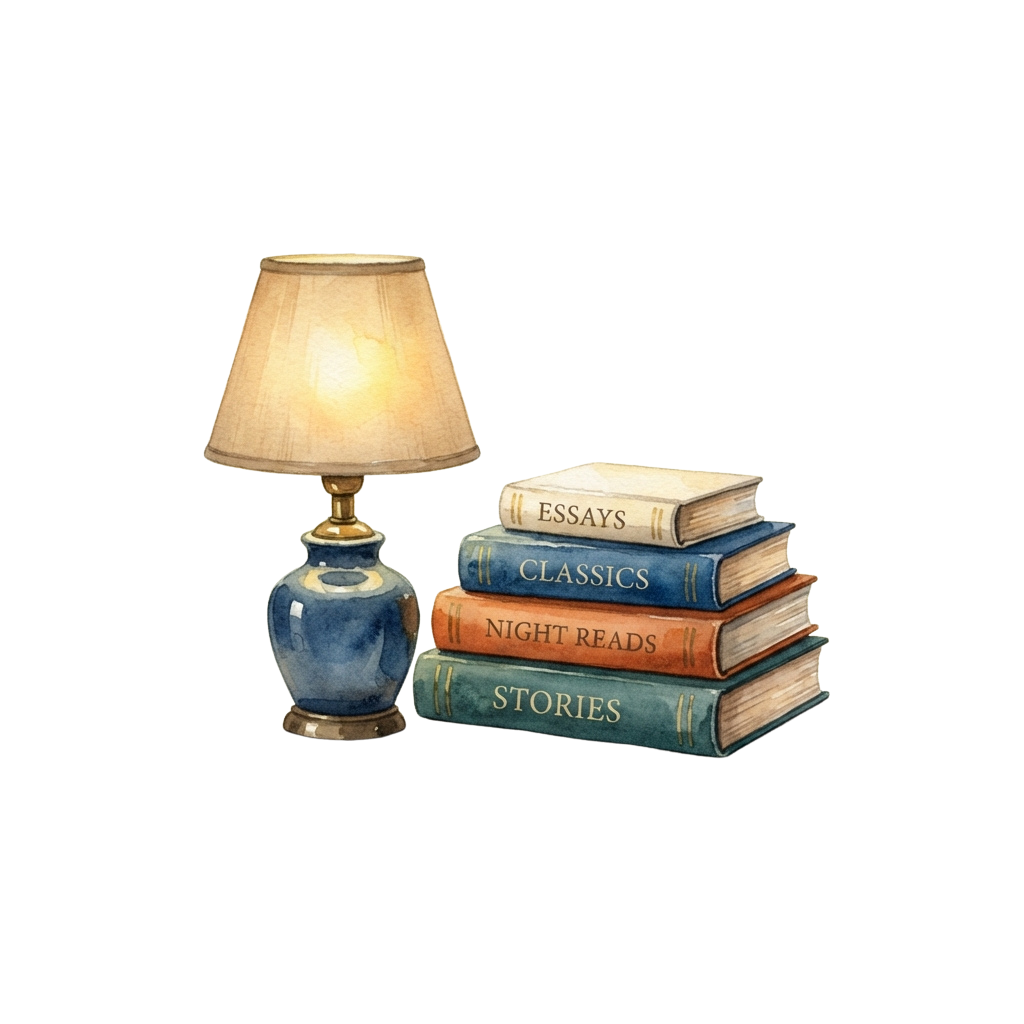 A lit lamp beside a stack of four books labeled Essays, Classics, Night Reads, and Stories