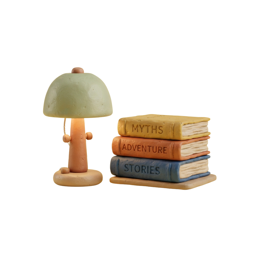 A small clay lamp next to three stacked books labeled Myths, Adventure, and Stories