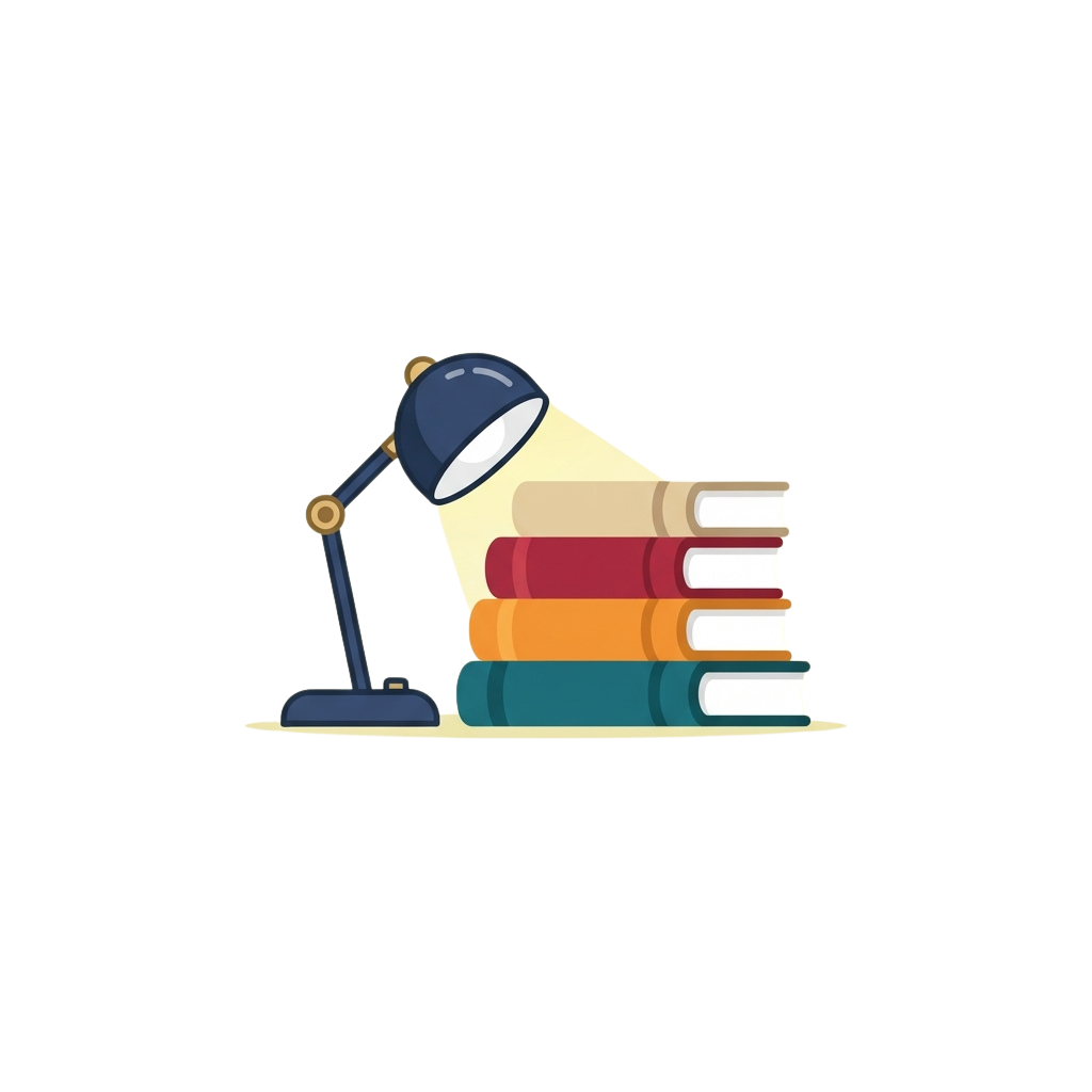 A desk lamp leaning against a stack of four colorful books with teal, orange, red, and white covers