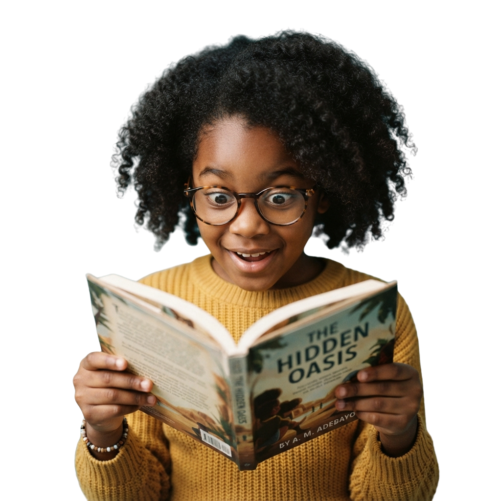 A smiling child with glasses and curly hair reading an open book titled The Hidden Oasis while wearing a yellow sweater.