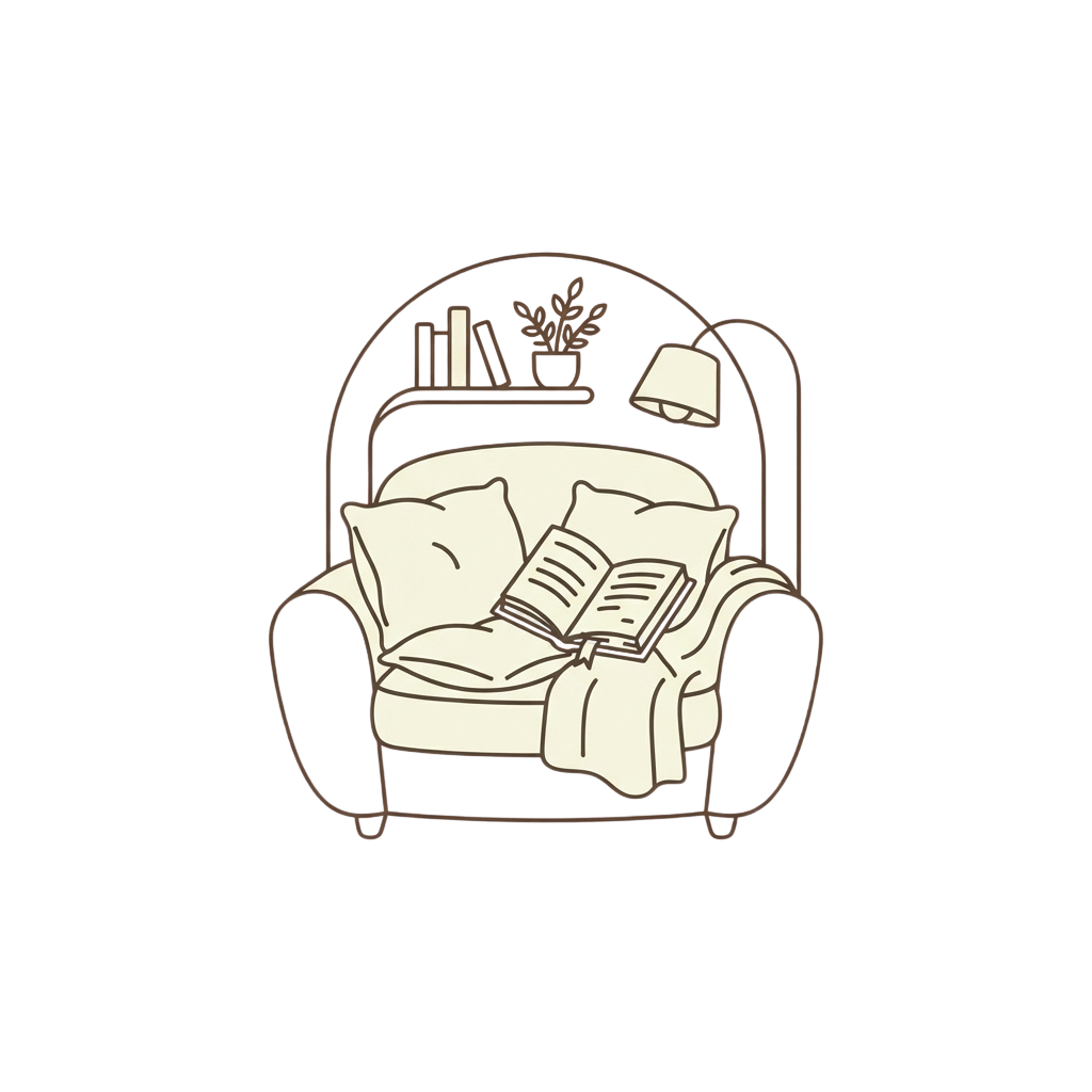 Illustration of a person reading a book in a comfortable armchair with a lamp and bookshelf in the background
