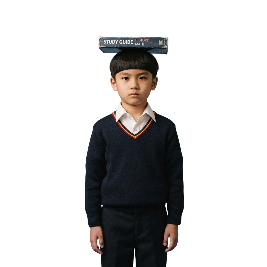 Young student in dark school uniform balancing two books labeled Study Guide History Math on head