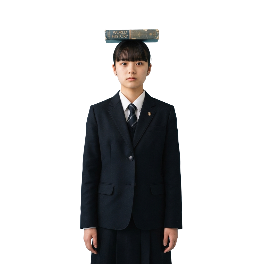 Person in school uniform balancing a book titled World History on their head
