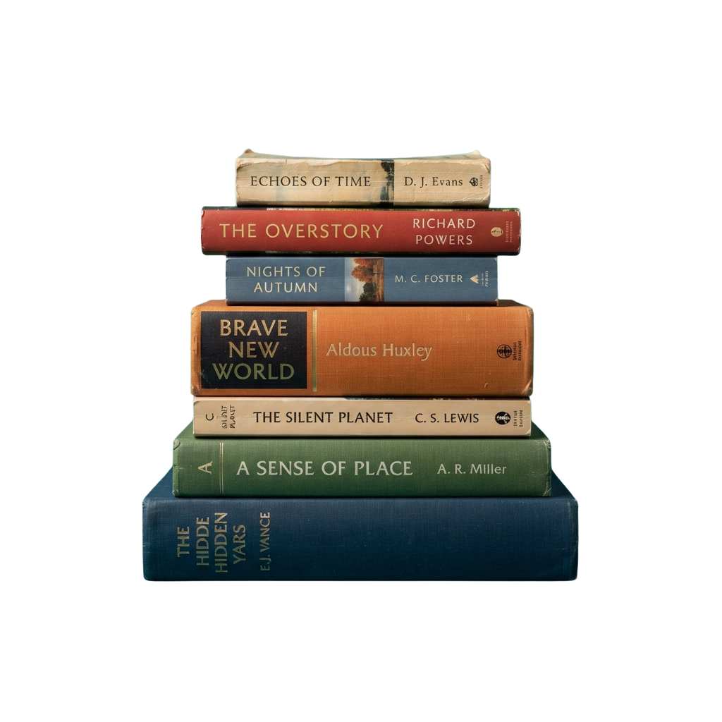 Stack of six classic paperback books arranged vertically against a black background