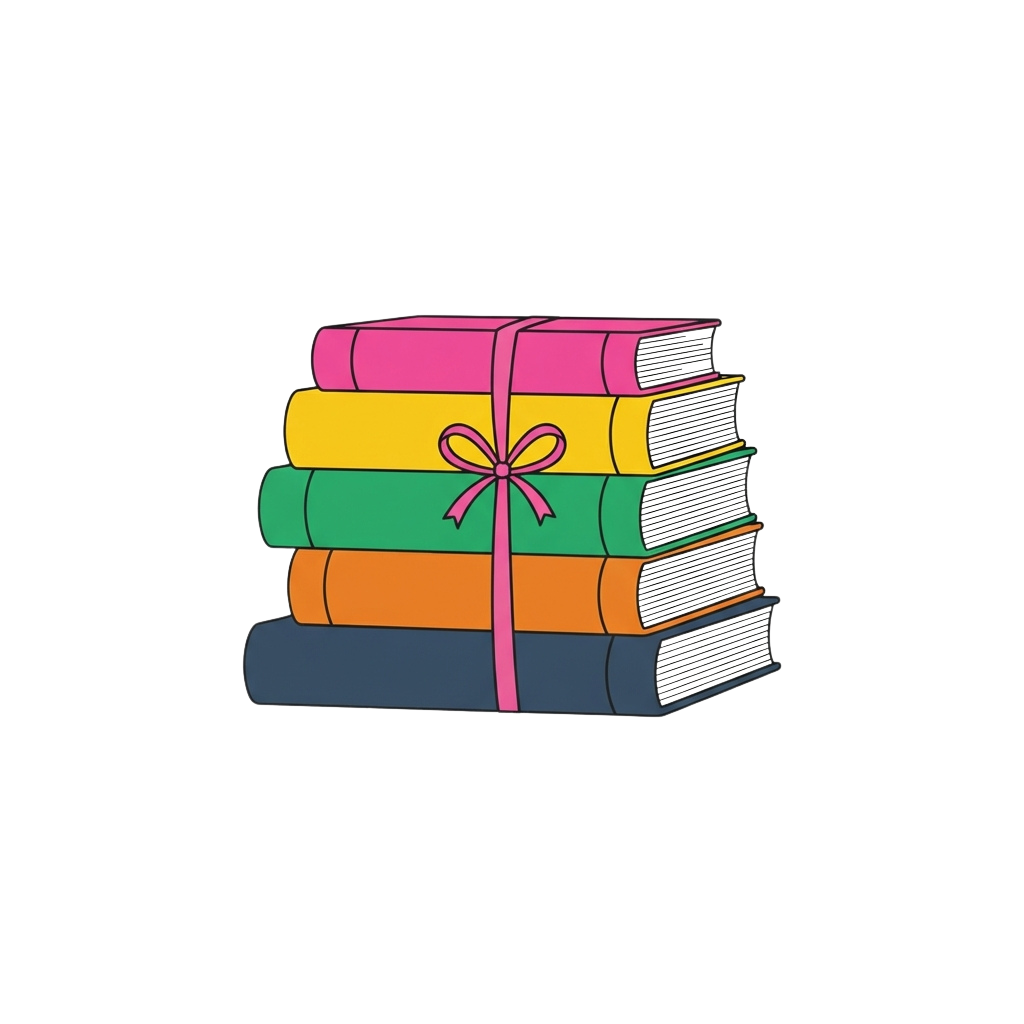 Five colorful books stacked with a pink ribbon tied around them