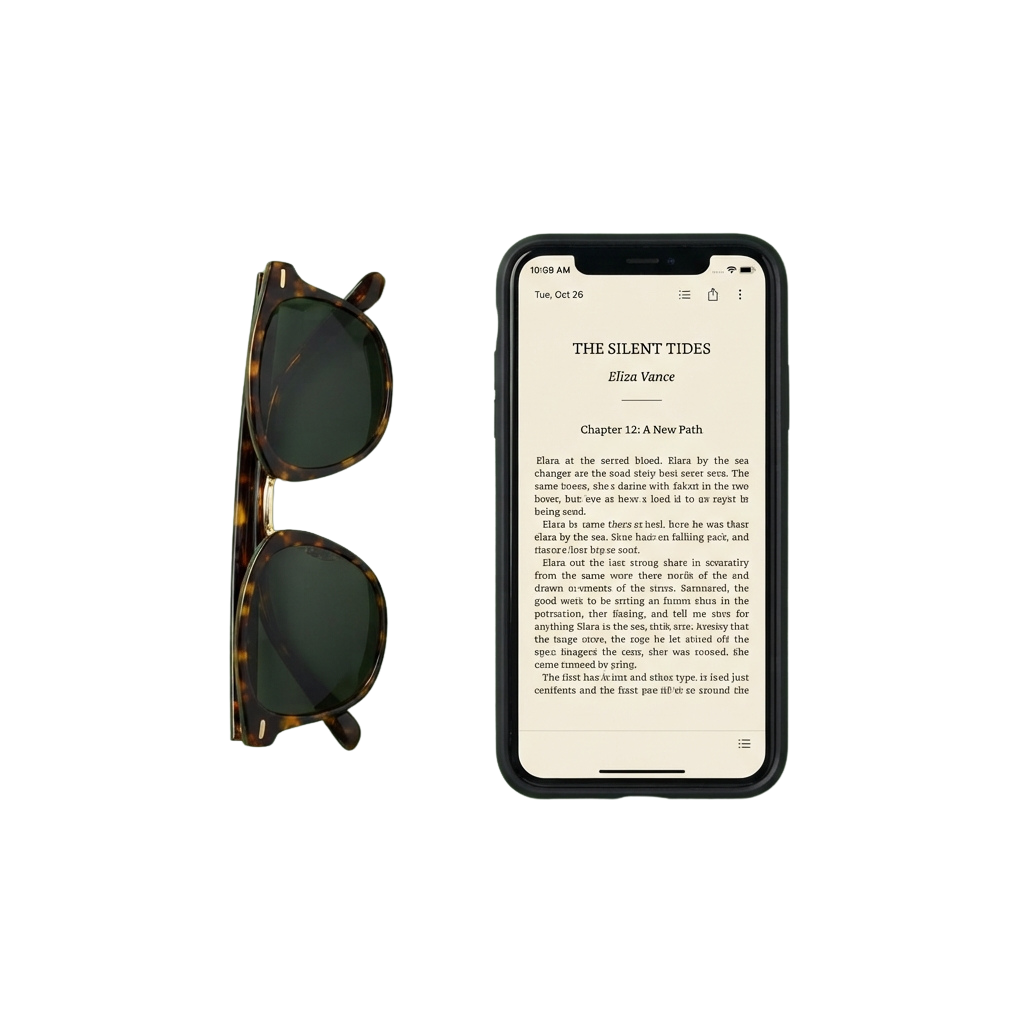 A pair of tortoiseshell sunglasses next to a smartphone showing an ebook titled The Silent Tides by Eliza Vance.