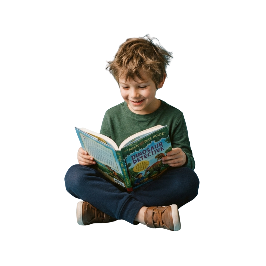 A smiling young boy sitting and reading a colorful dinosaur-themed book.