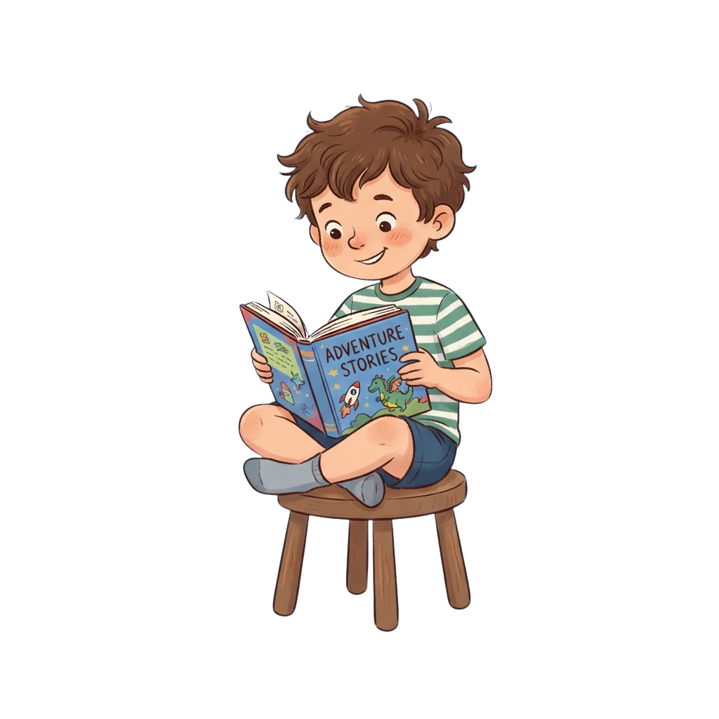 A smiling child sitting on a stool reading an adventure stories book with colorful illustrations