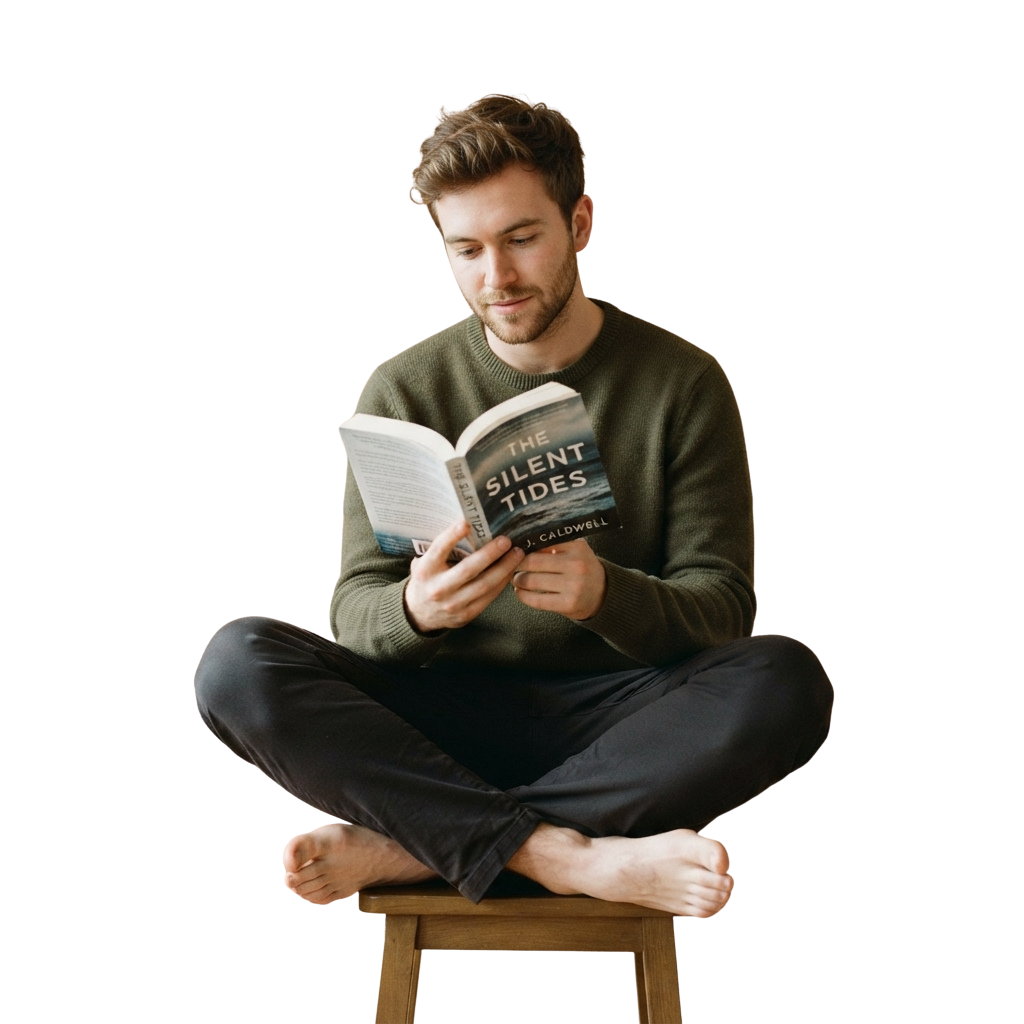 A person sitting barefoot on a stool reading an open book titled The Silent Tides while wearing a green sweater and dark pants.