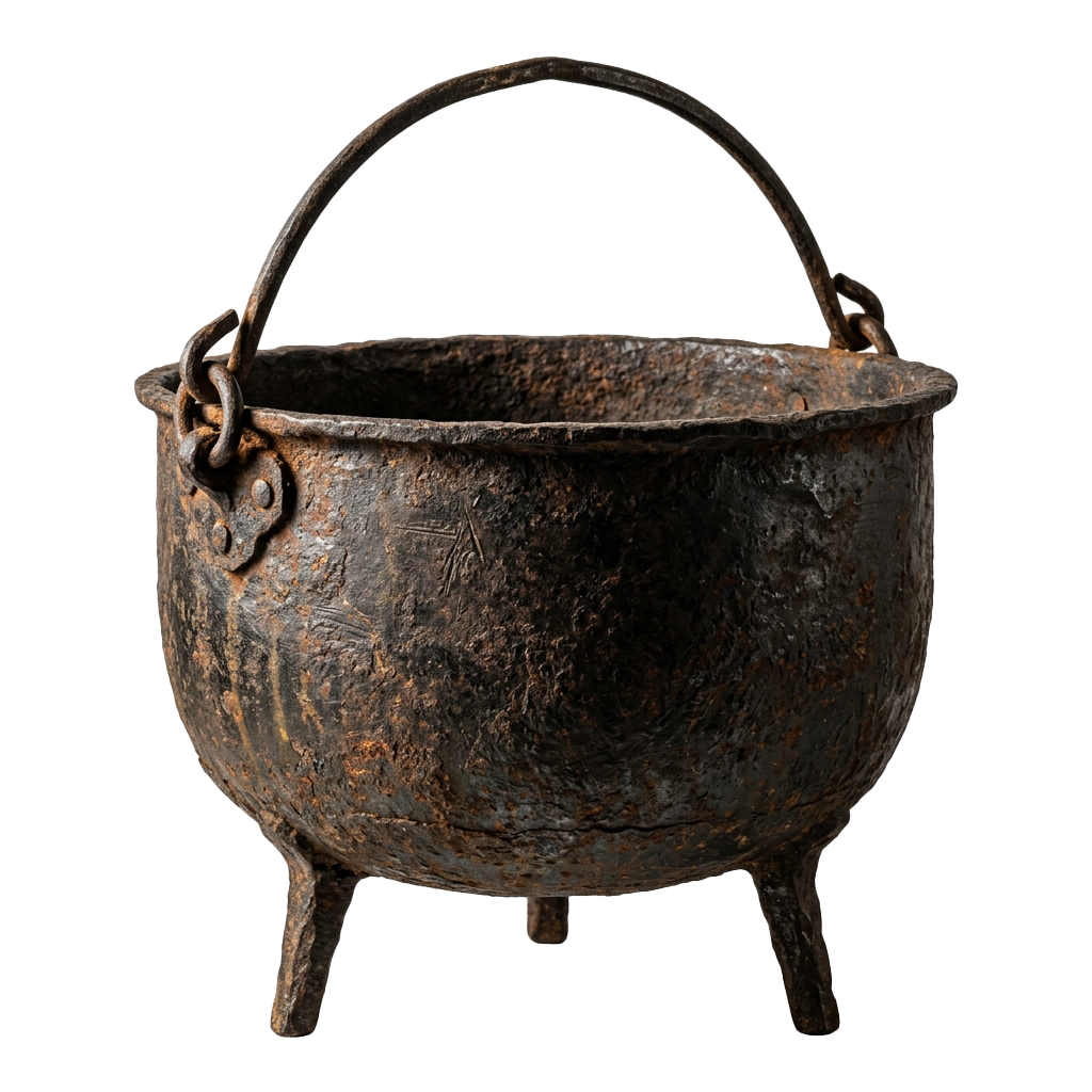 Old rustic iron cauldron with two sturdy handles and three legs, showing signs of age and use