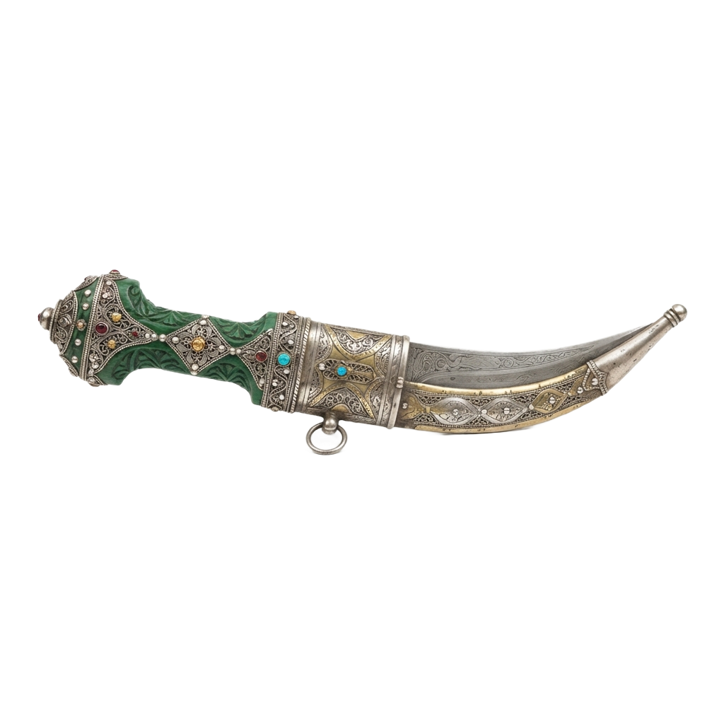 Decorative antique knife with silver handle featuring green inlays, gemstones, and intricate metalwork