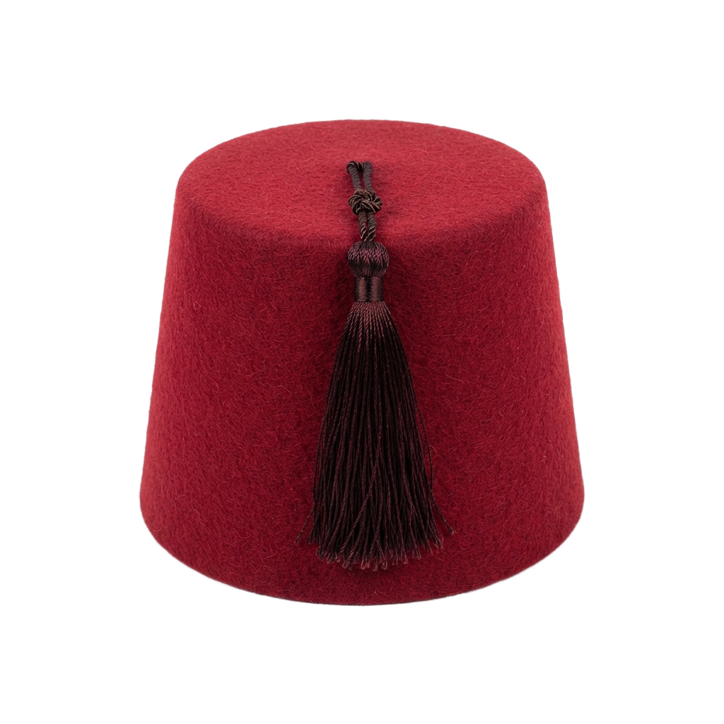 A red felt hat with a black tassel hanging from the center top