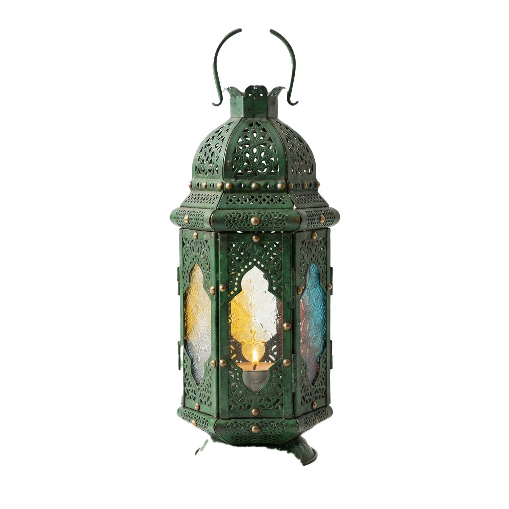 Green metal lantern with intricate designs and colorful stained glass panels glowing softly inside