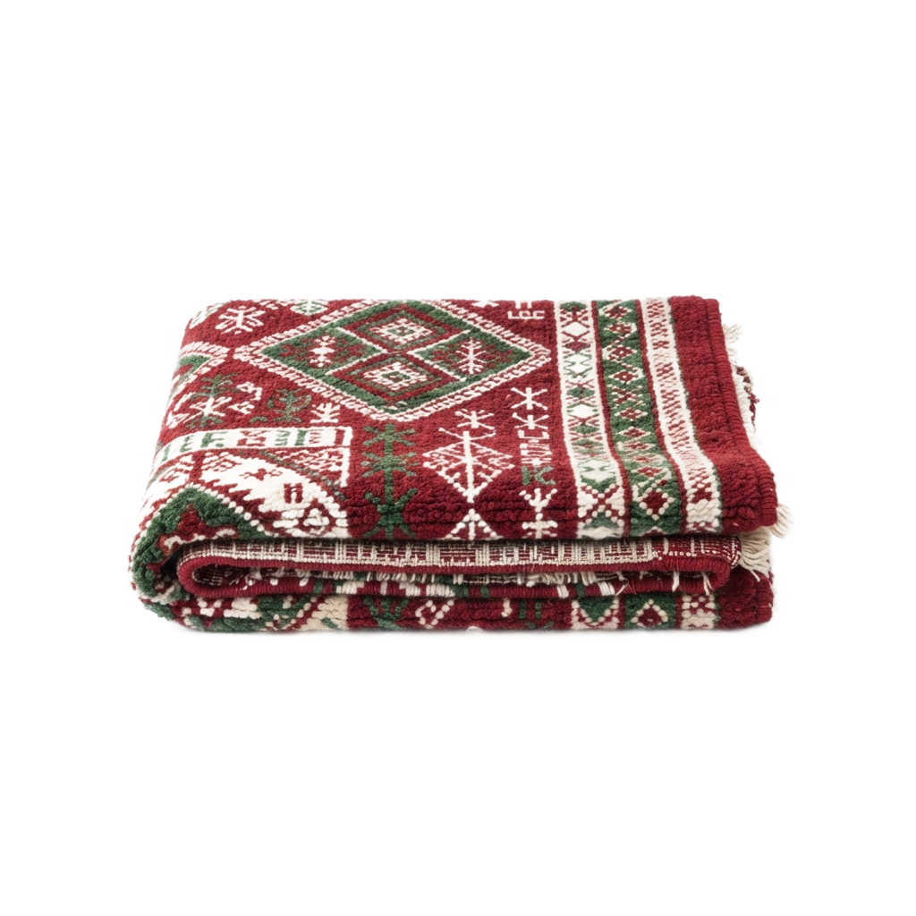Folded knitted throw blanket with red, green, and white holiday-themed geometric patterns