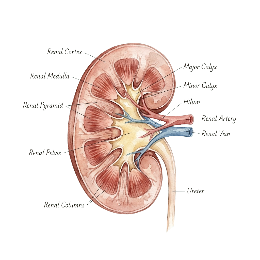 Diagram of a human kidney showing labeled internal structures and blood vessels