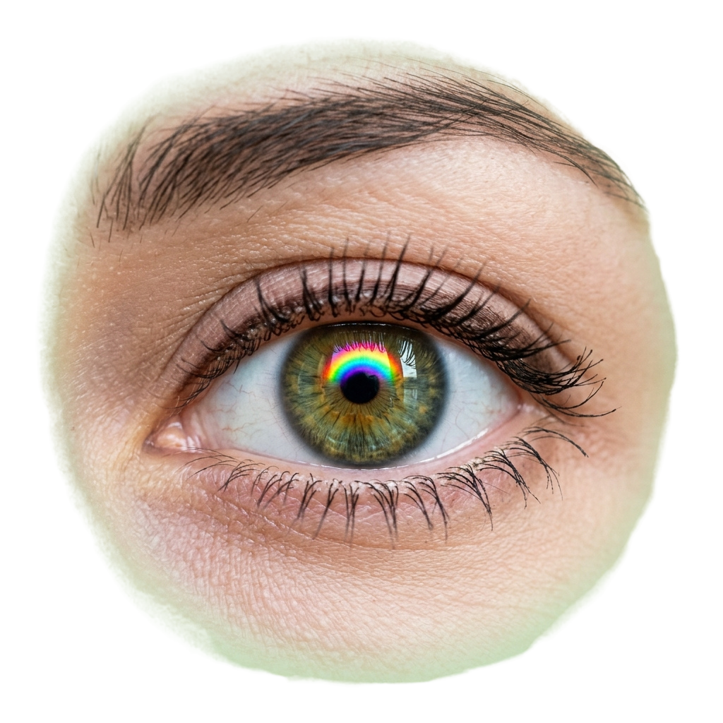 Close-up of a human eye showing detailed eyelashes and a colorful reflection in the iris