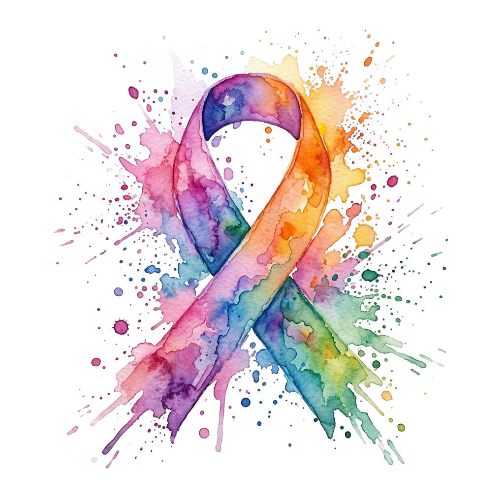 A vibrant watercolor ribbon with splashes of pink, blue, orange, and yellow against a black background