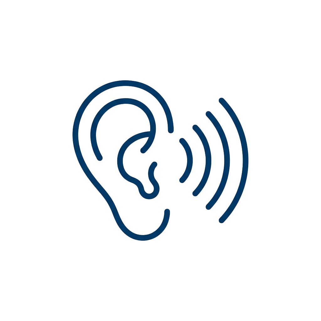 Blue outline of an ear with sound waves extending from it on a black background