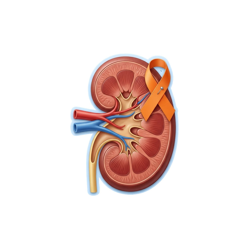 Illustration of a human kidney with internal structures and an orange awareness ribbon attached