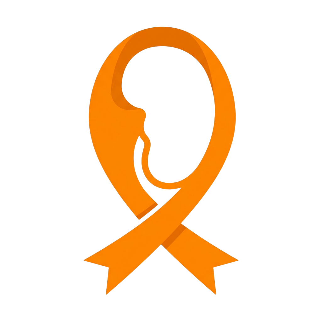 Orange awareness ribbon with a silhouette of a person’s head and neck