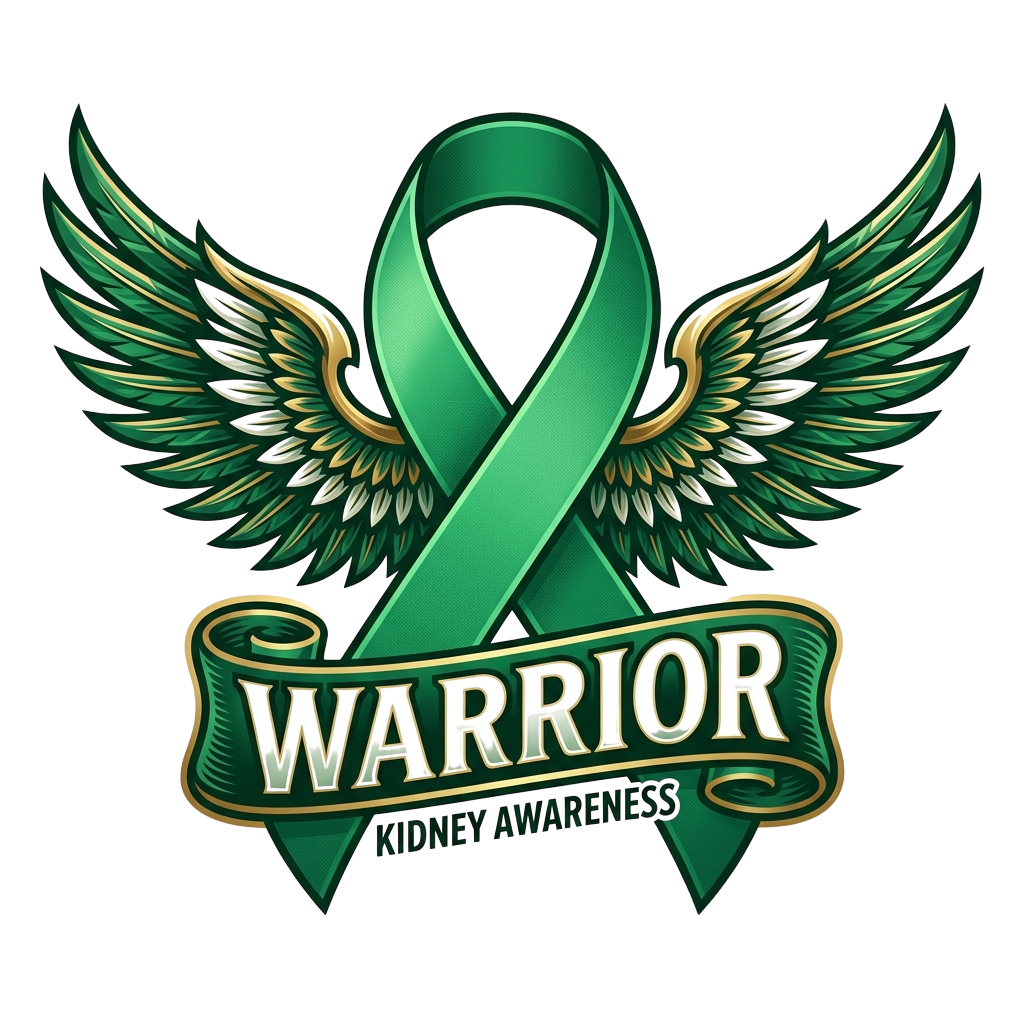 Green kidney awareness ribbon with wings and the word WARRIOR on a banner.