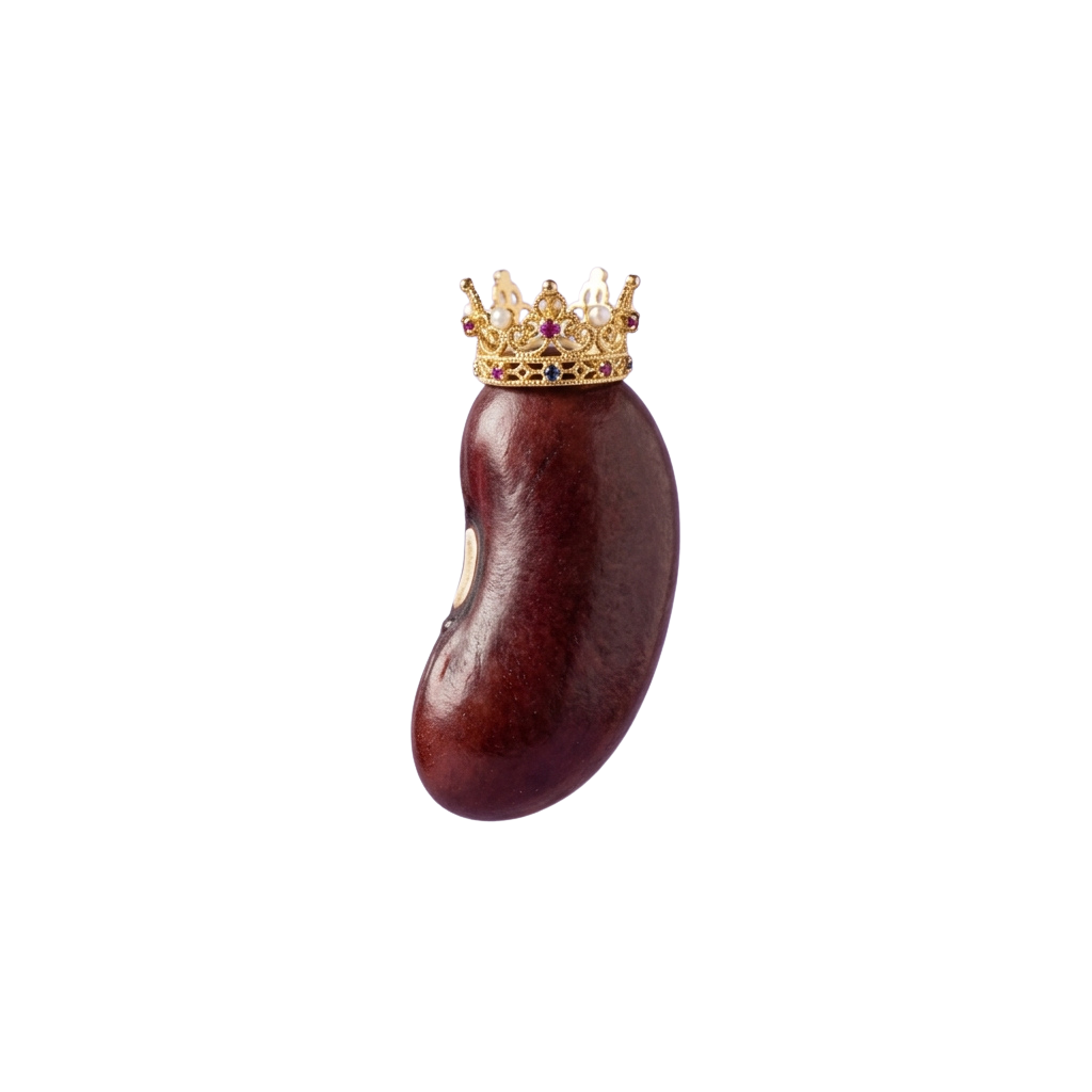 A 3D-rendered kidney bean with a golden crown on top against a black background