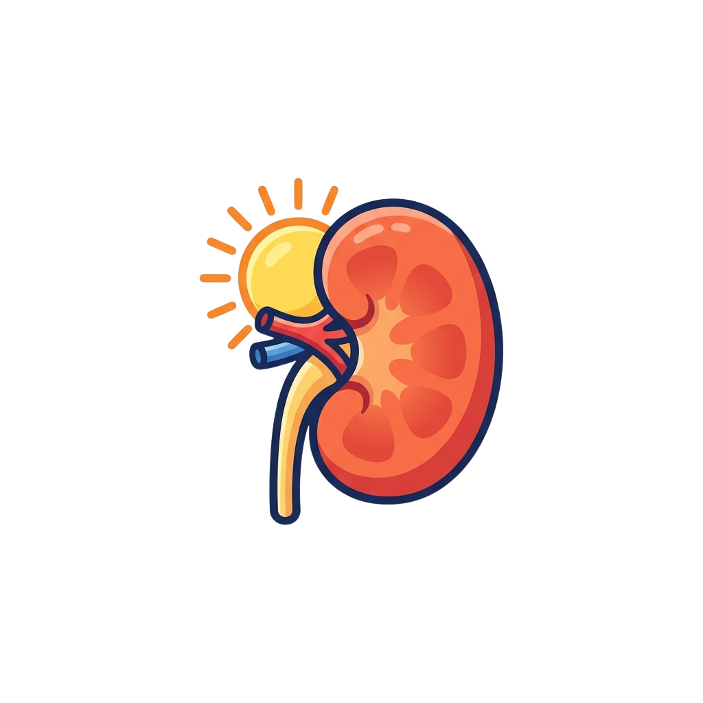 A cartoon kidney connected to a smiling sun symbolizing vitamin D absorption
