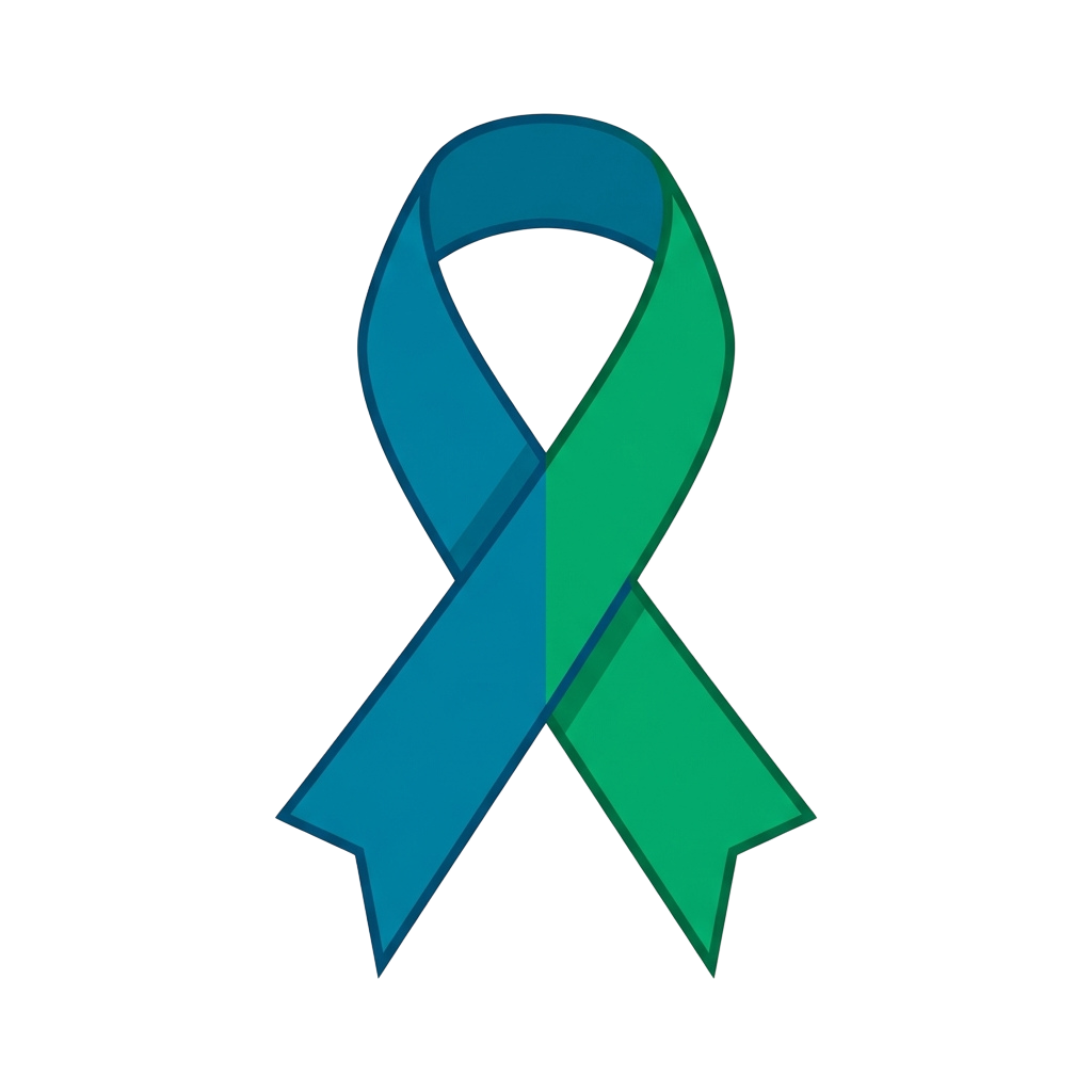 A ribbon symbol with blue and teal colors, often used for awareness campaigns