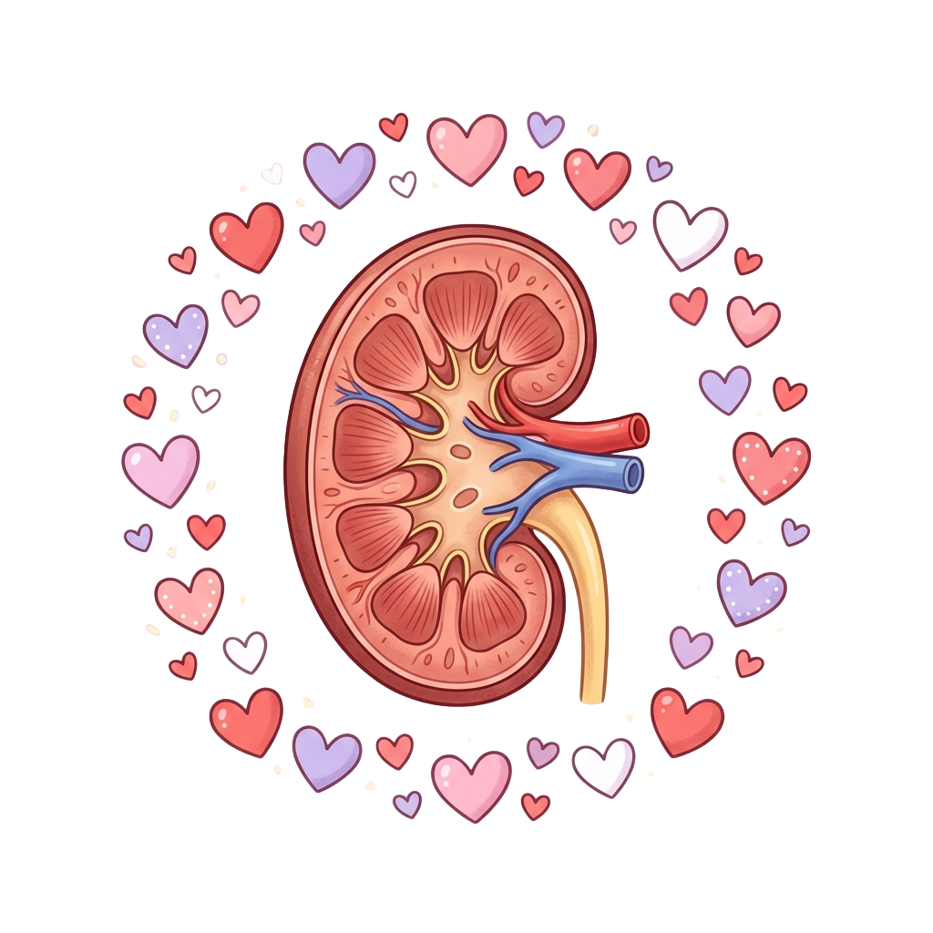 Illustration of a kidney with blood vessels and ureter, surrounded by small dotted hearts in pink and purple tones
