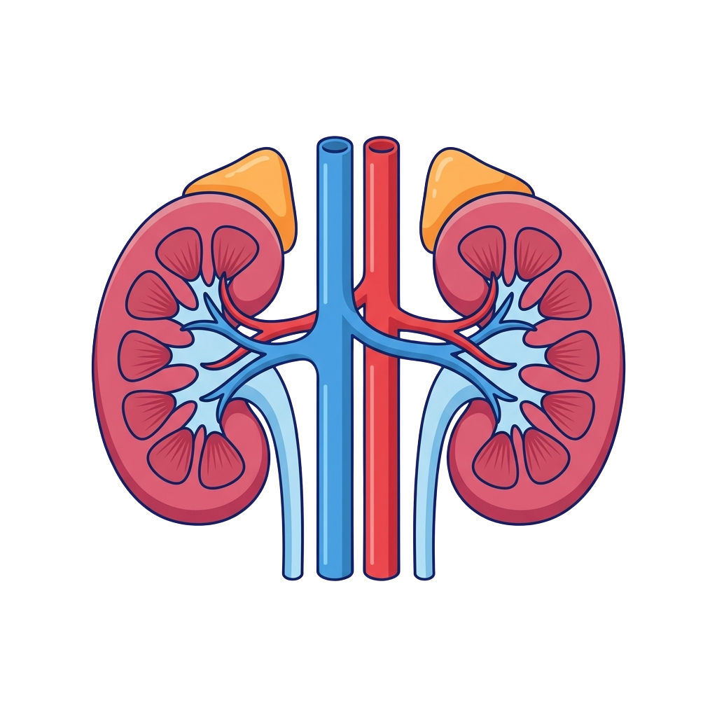 Illustration of two kidneys connected to renal arteries, veins, and the aorta
