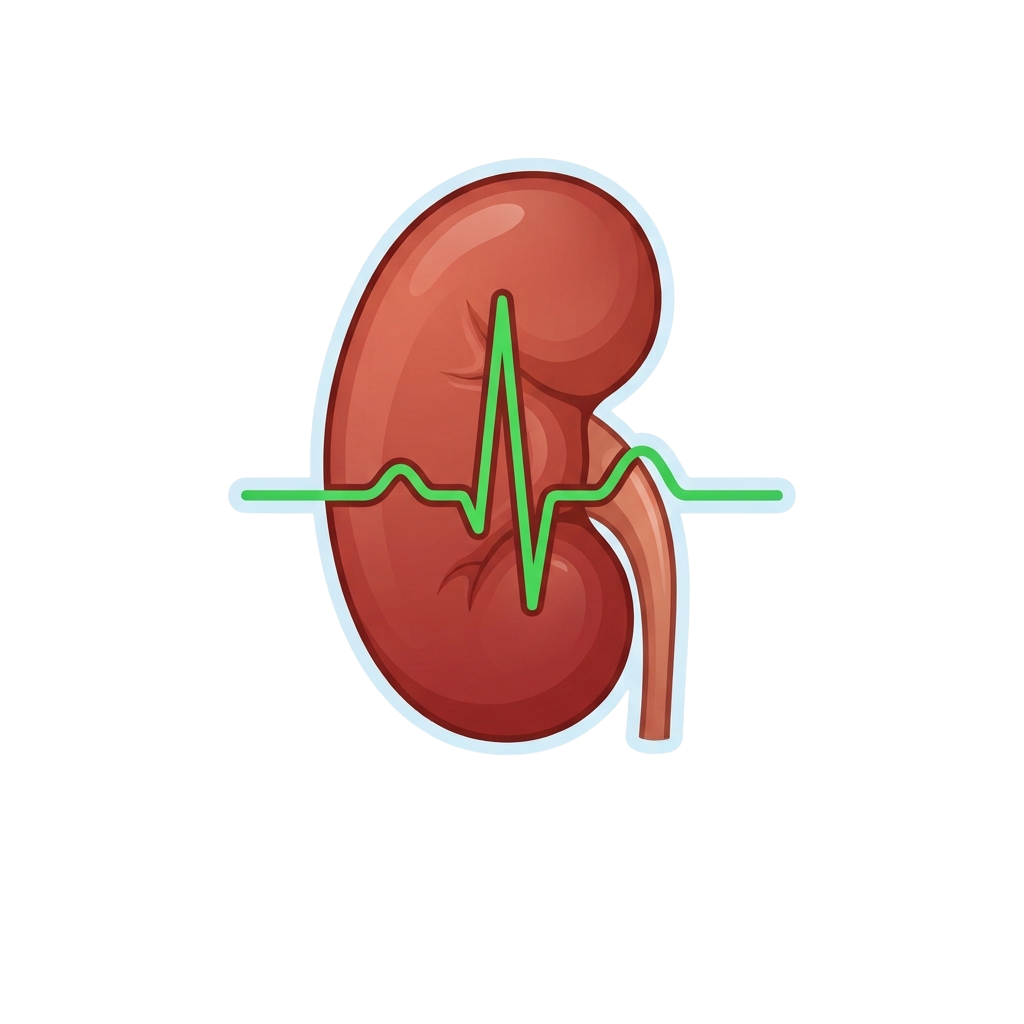Illustration of a kidney with a heartbeat symbol inside it and a tube extending outward