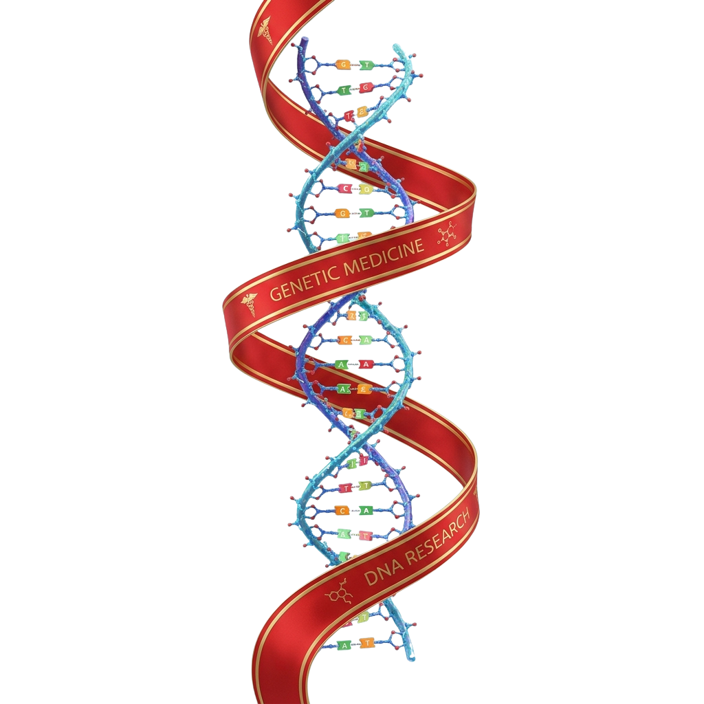 A colorful DNA double helix model with labels for genetic medicine and DNA research
