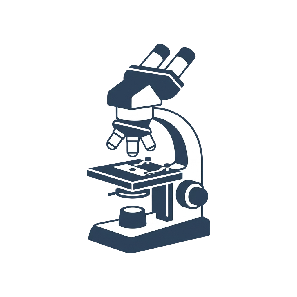 Isometric illustration of a compound light microscope with two eyepieces and a specimen on the stage