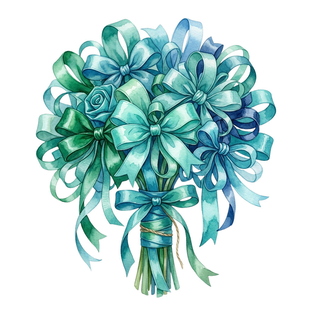 A decorative bouquet of blue-green ribbons tied with floral accents and a wrapped base.