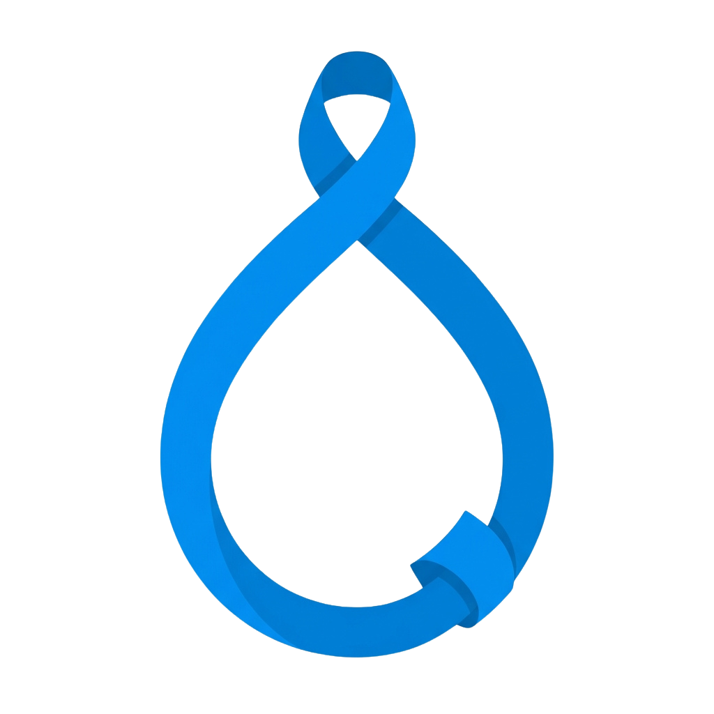 A blue awareness ribbon looped into a figure-eight shape on a black background