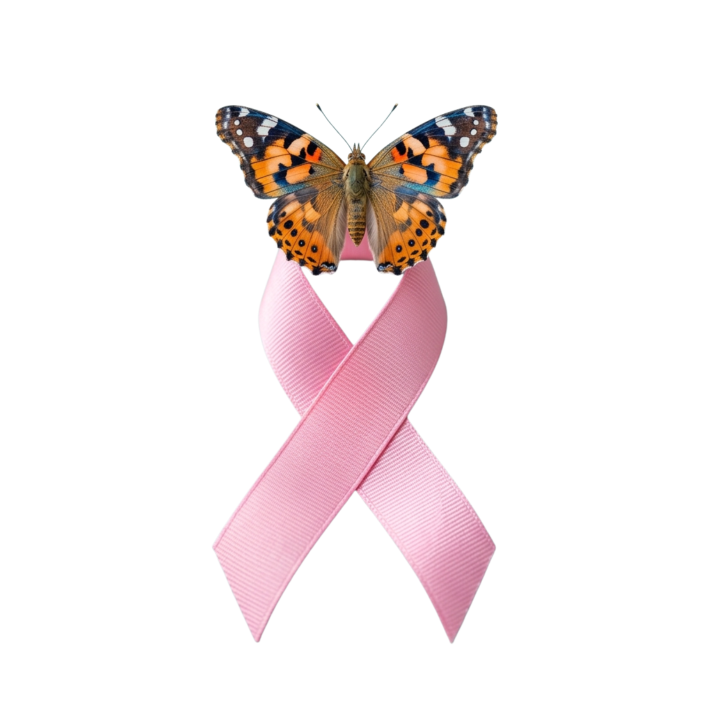 A butterfly with orange and black wings perched on a pink awareness ribbon