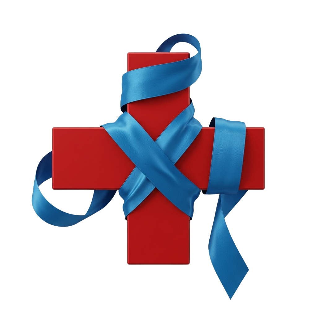 Red gift box tied with a blue satin ribbon bow in an elegant bow shape