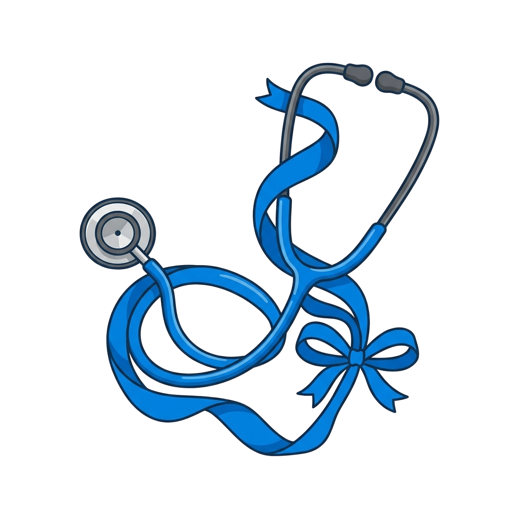 A stethoscope with blue tubing and earpieces, creatively styled with a blue ribbon bow at the end of the tubing.