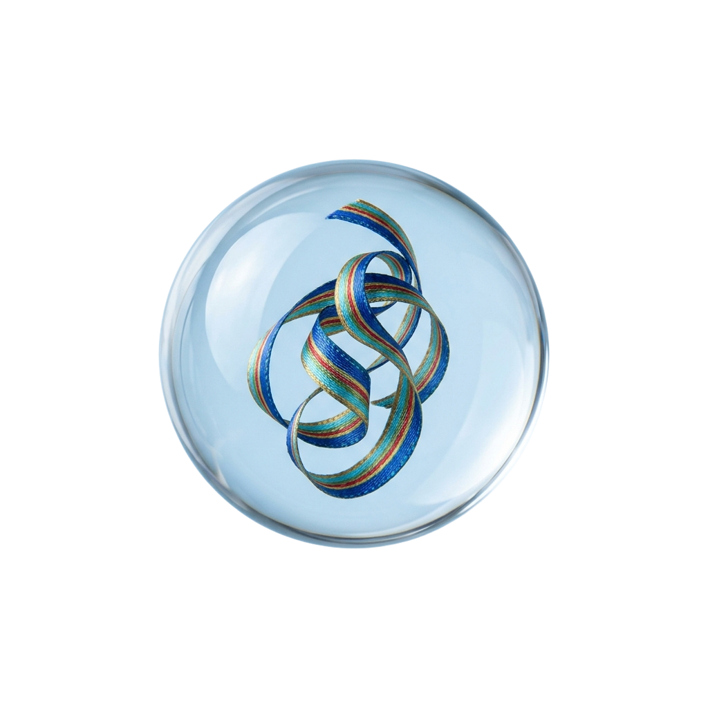A colorful, twisted helix structure inside a transparent sphere.