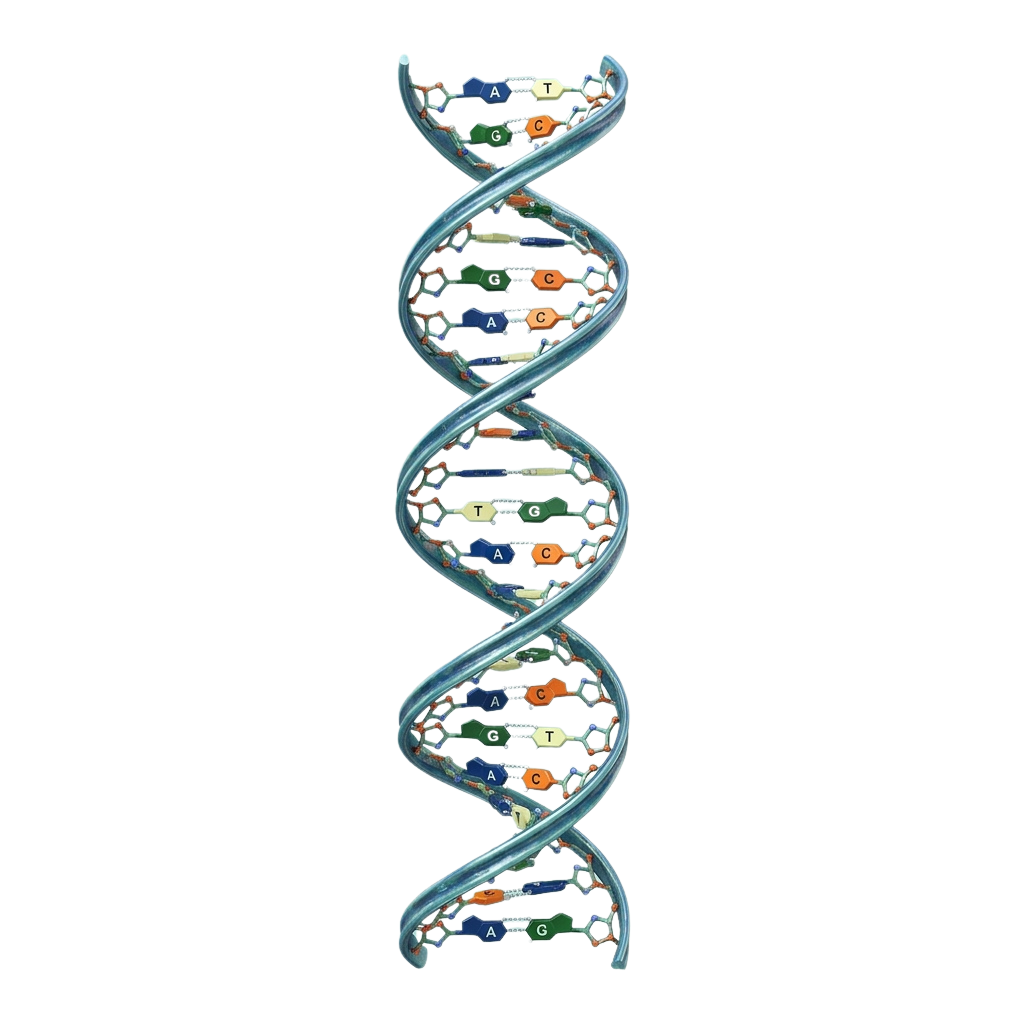 A 3D rendering of a DNA double helix showing base pairs with labeled nucleotides A, T, C, and G