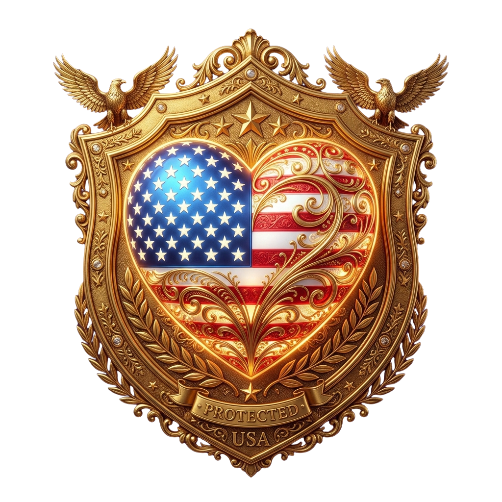 A golden shield emblem featuring an American flag and eagle wings with the words Protected USA at the bottom