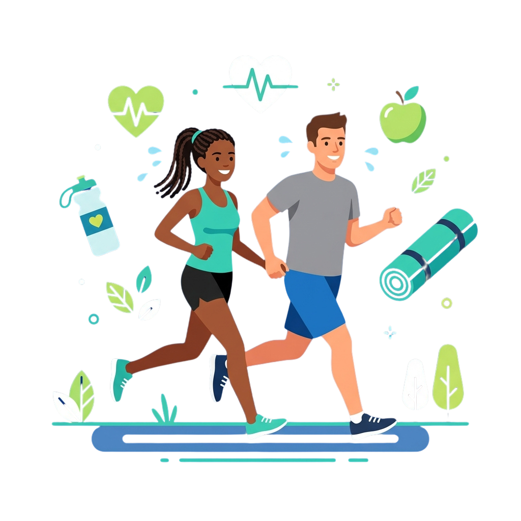 Two people running together outdoors with fitness accessories like water bottles, a mat, and apples around them.