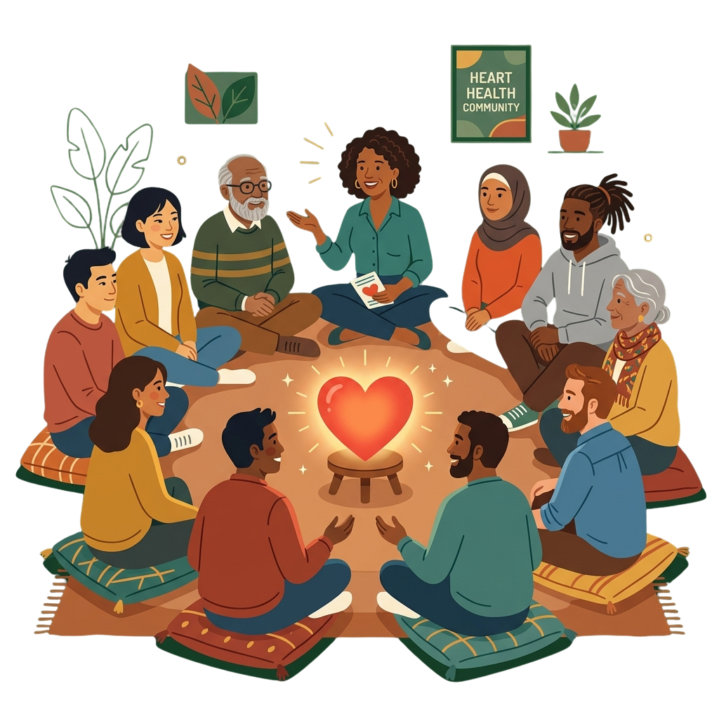 Illustration of a diverse group of people sitting in a circle discussing heart health around a glowing heart symbol.