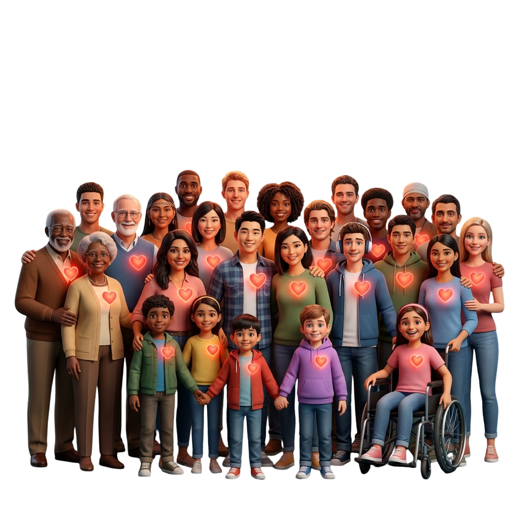Diverse group of people of all ages standing together, each wearing a heart symbol on their clothing.