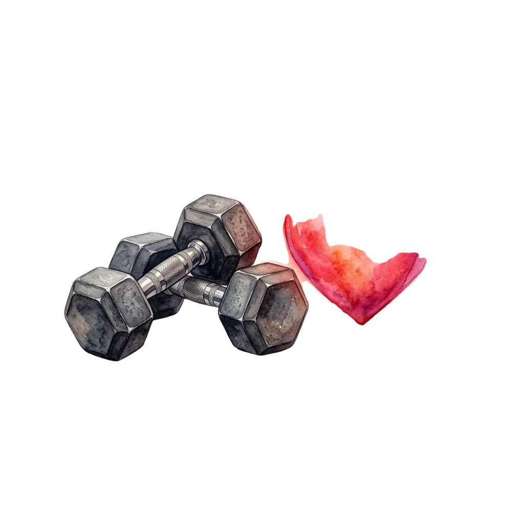 A pair of grey dumbbells next to a single pink flower petal on a black background
