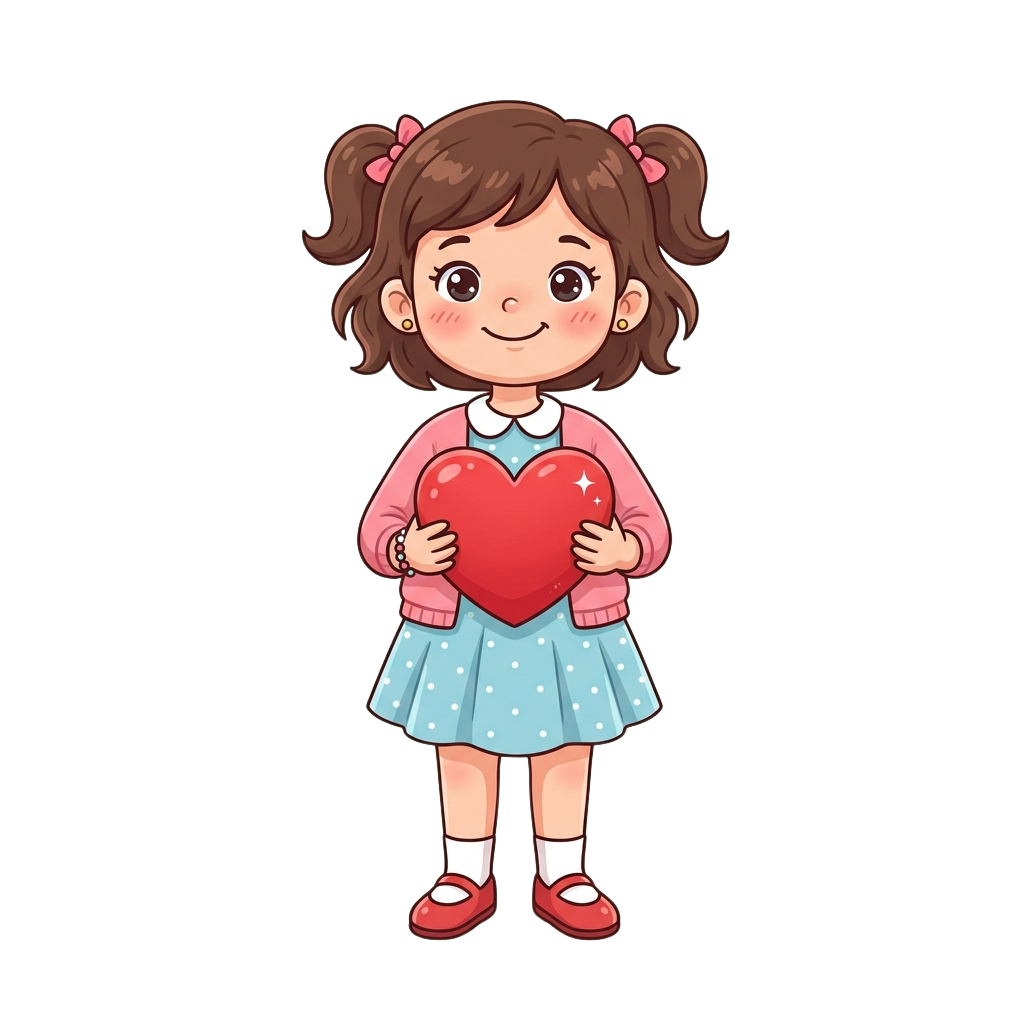 Smiling cartoon girl holding a red heart with sparkles