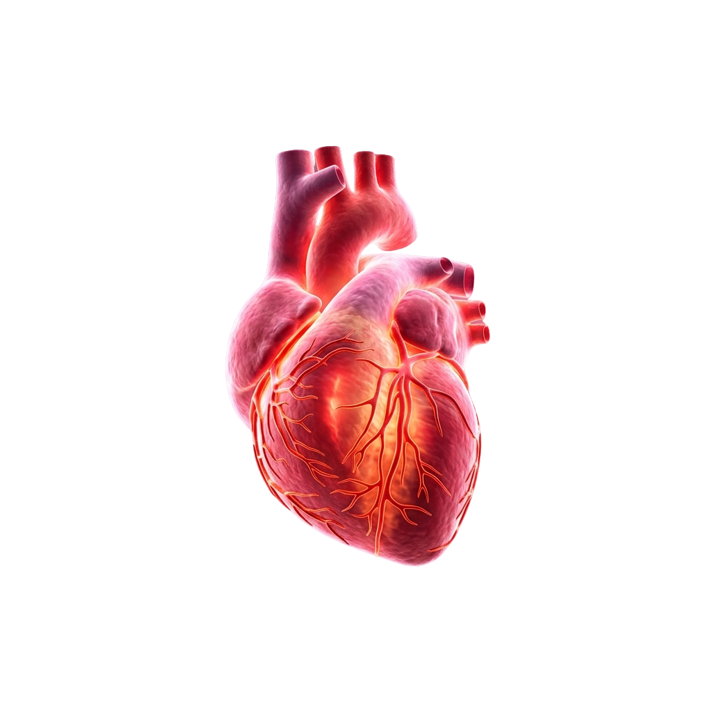 A detailed 3D illustration of a human heart with visible blood vessels and chambers