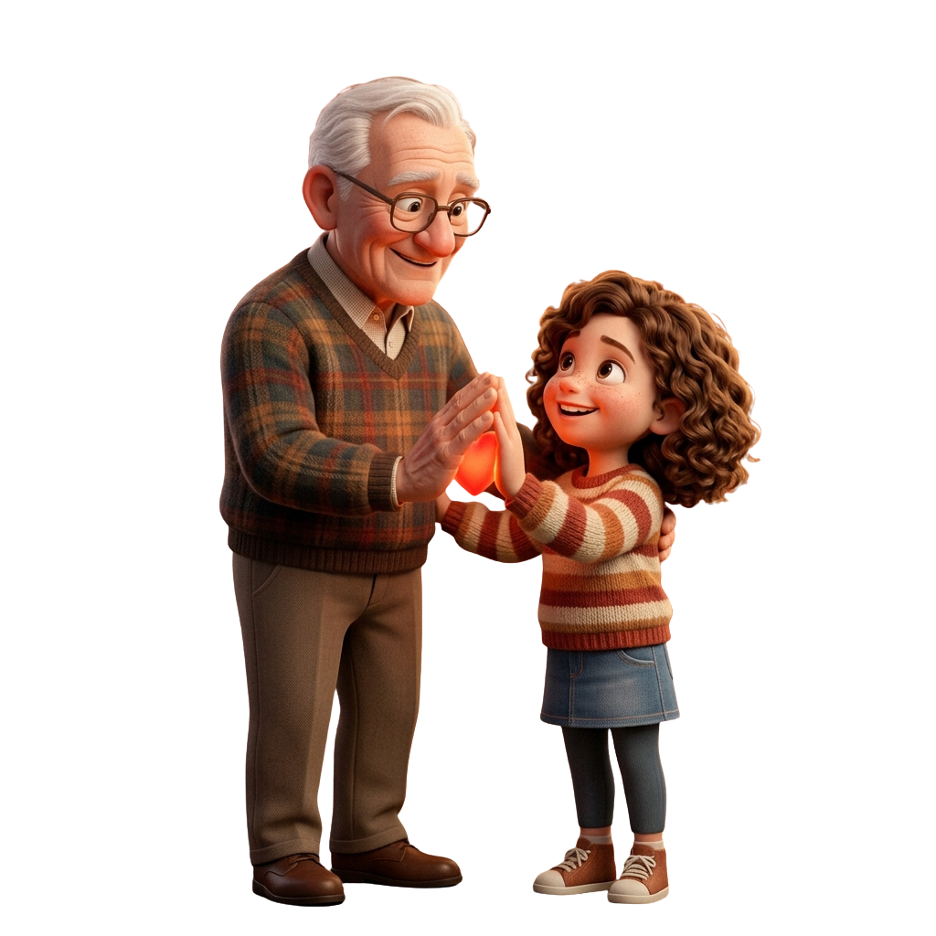 An elderly man and a young girl clapping hands together happily, smiling at each other.