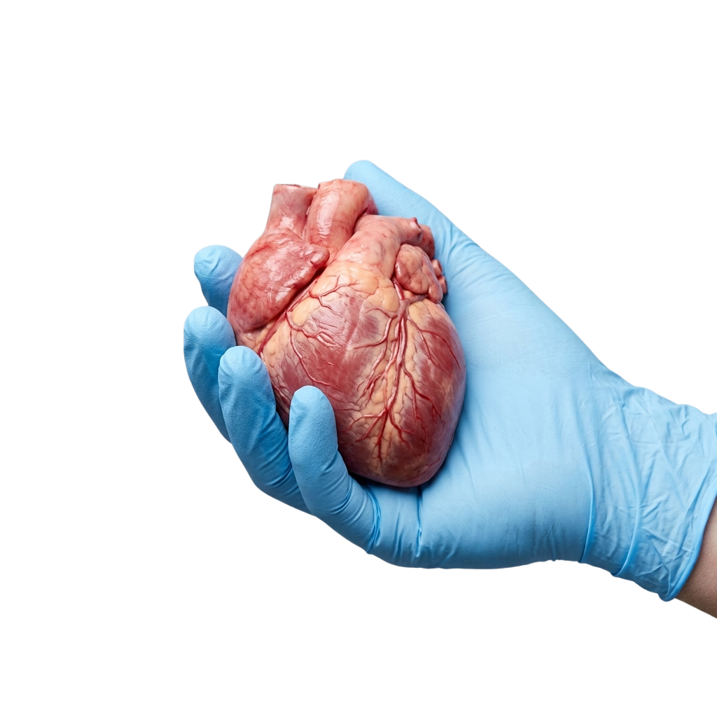 A gloved hand holding a human heart against a dark background